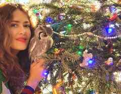 Salma Hayek posando con un árbol de Navidad