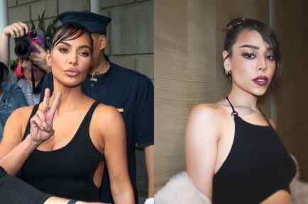 Kim Kardashian y Danna Paola usando un vestido negro y el mismo peinado