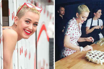 Katy Perry vendiendo pies de cereza en Nueva York