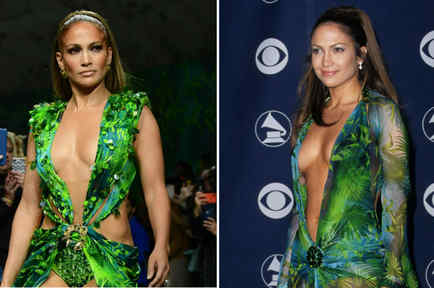 Jennifer Lopez usando vestido verde de Versace