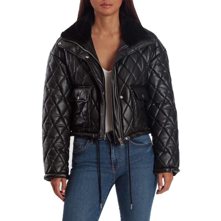 Cropped Quilted Faux Leather Puffer