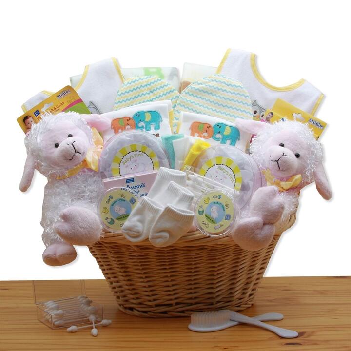 Double Delight Twins New Baby Gift Basket - Yellow - baby bath set - new baby gift basket