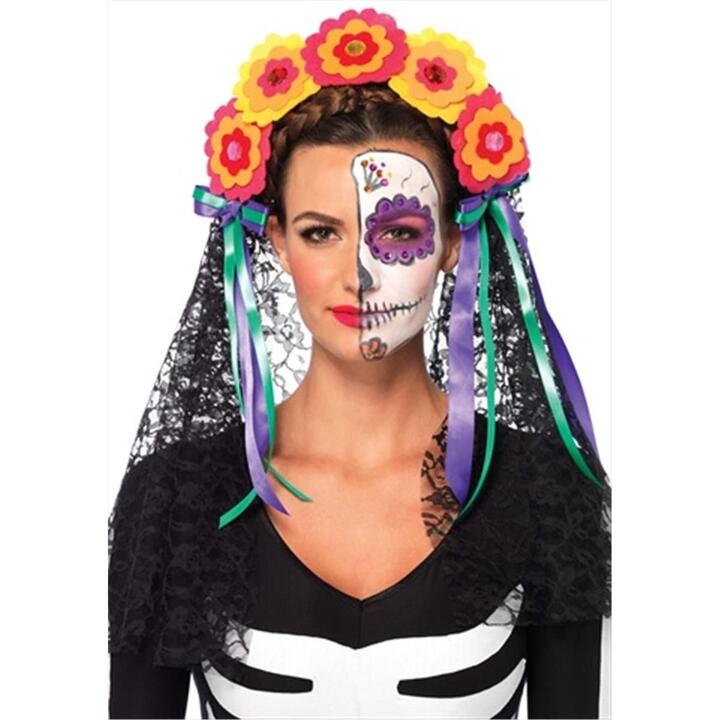 Leg Avenue A Day Of The Dead Flower Headband With Lace Veil One Size Multicolor