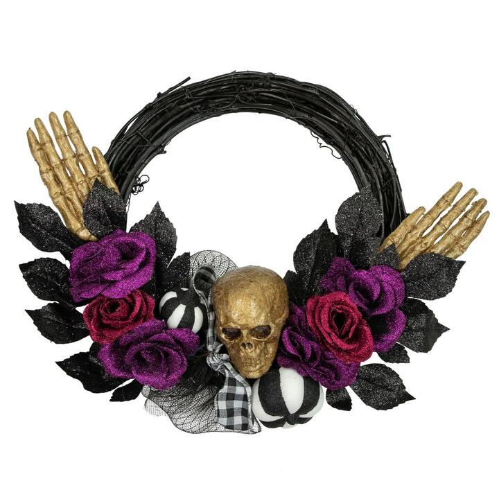 Skull with Hands and Purple Roses Halloween Twig Wreath, 22-Inch, Unlit