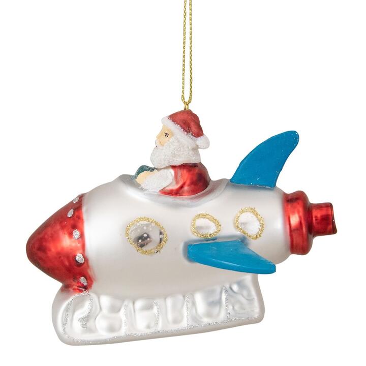 4.25" Santa In A Silver Rocket Ship Glass Christmas Ornament
