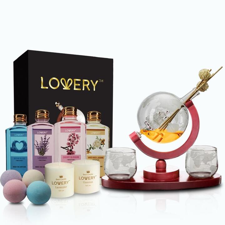 Lovery Whiskey Wine Globe Decanter & Spa Essentials Gift Set - Deluxe 20pc