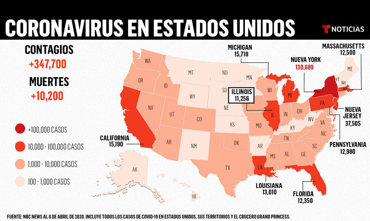 Mapa con la cantidad de contagios y muertes por el coronavirus en Estados Unidos.