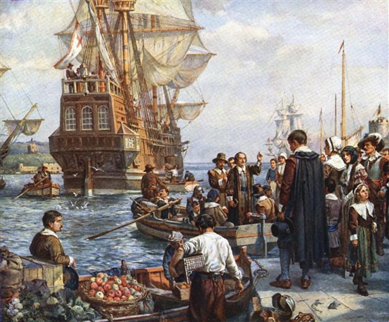  Padres peregrinos a bordo del Mayflower para su viaje a América, pintura de Bernard Gribble.