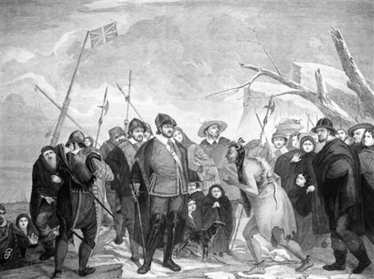  El desembarco de los colonos peregrinos en 1620 en Plymouth Rock, MA.