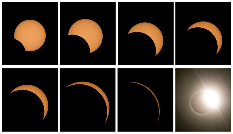 Combo de 8 fotografías que muestra las diferentes fases del eclipse solar total este martes, desde el Observatorio de La Silla, situado en la región de Coquimbo (Chile).