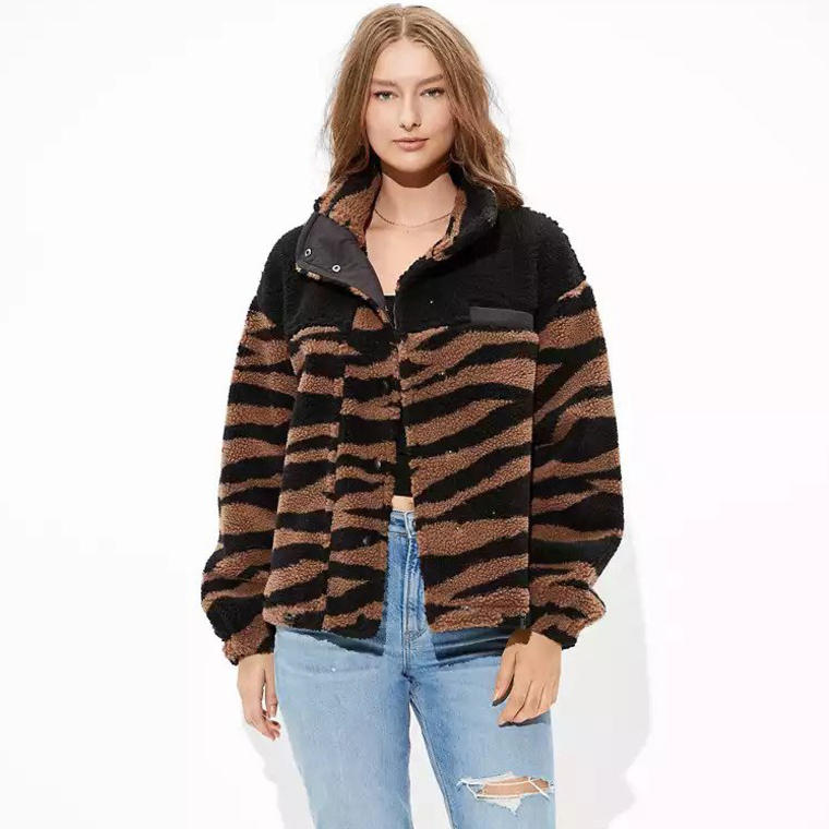 AE Fuzzy Sherpa Color Block Bomber Jacket - American Eagle