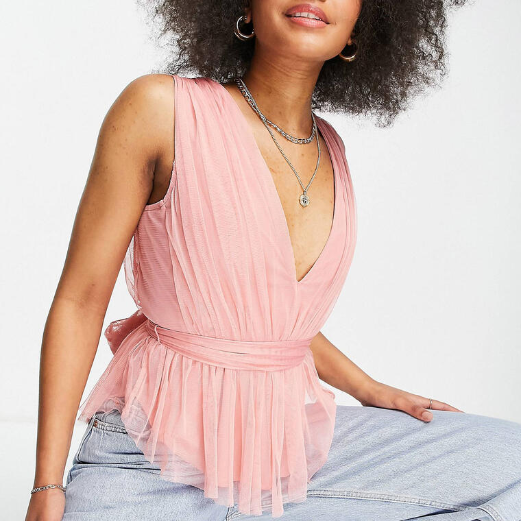Anaya With Love tie waist tulle top in coral - Asos