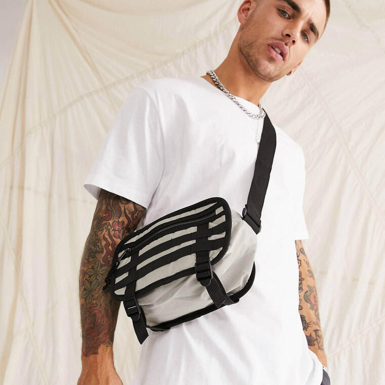 ASOS DESIGN cross body bag in gray nylon with black tech details - LGRAY - Asos