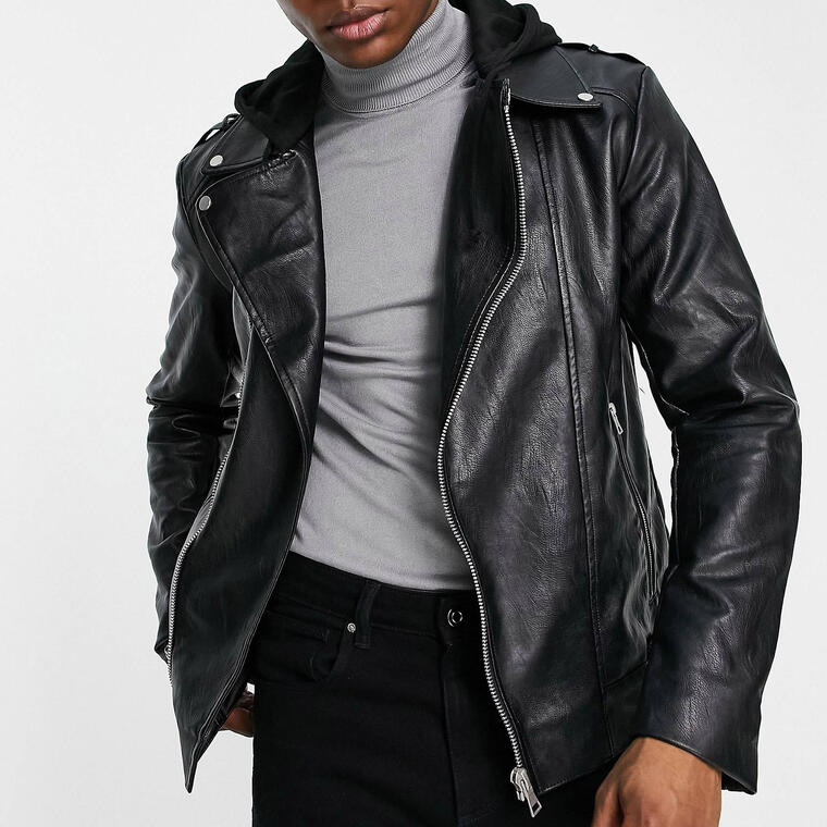 ASOS DESIGN faux leather hooded asymmetric biker jacket in black - Asos
