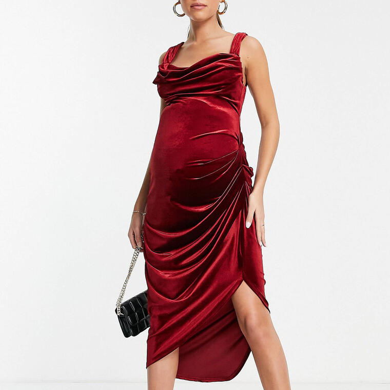 ASOS DESIGN maternity velvet cowl neck pencil midi dress in berry - Asos
