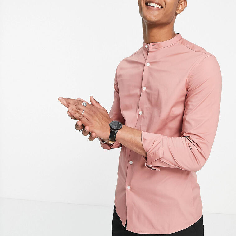 ASOS DESIGN skinny fit shirt with grandad collar in pink - Asos Design