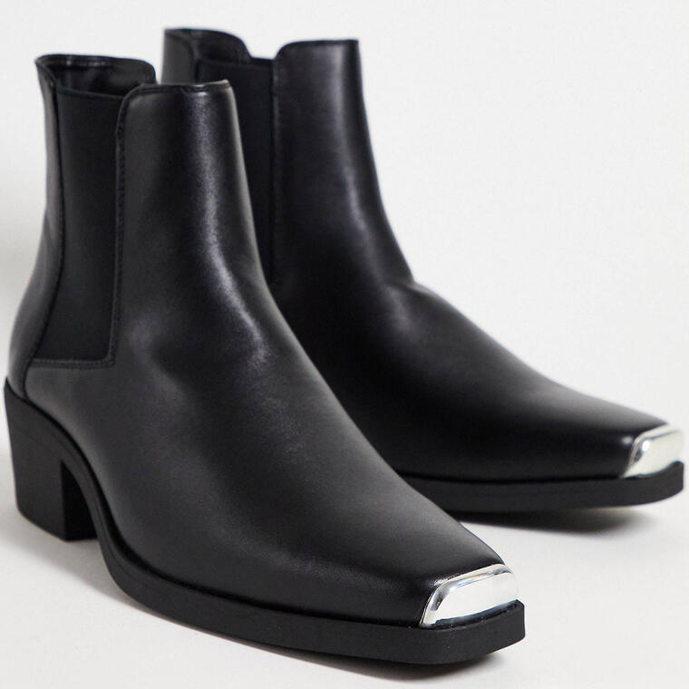 ASOS DESIGN stacked heel western chelsea boots in black faux leather with metal hardware - Asos
