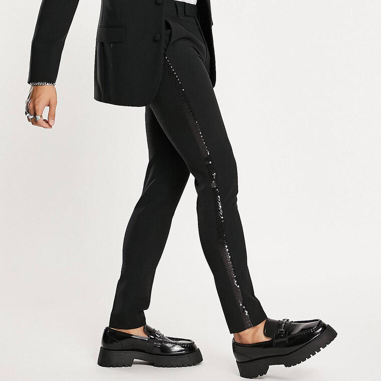 ASOS DESIGN super skinny tuxedo pants in black with black sequin lapel - Asos
