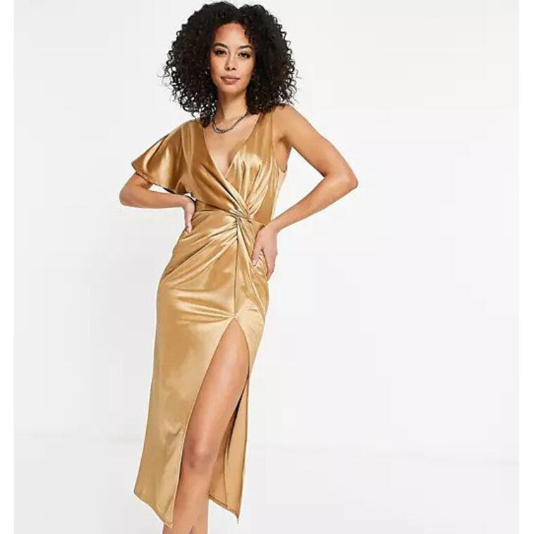 ASOS DESIGN Tall one sleeve twist high slit midi dress in gold - Asos
