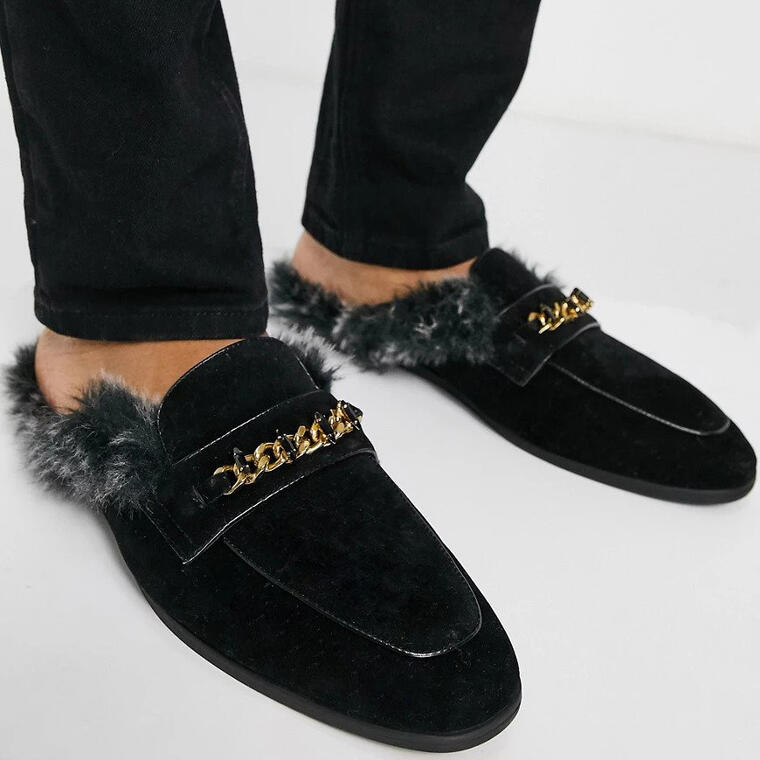 backless mule loafer in black velvet with faux fur insock and hardware detail - Asos