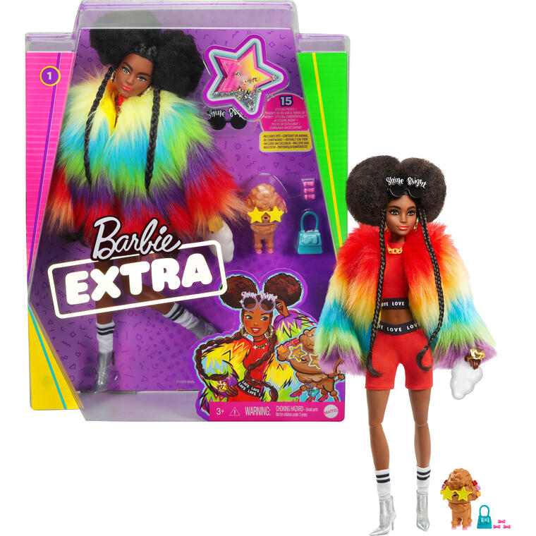 Barbie Extra Doll in Rainbow Coat with Pet Poodle - Walmart