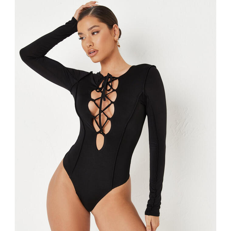 black slinky lace up bodysuit - Missguided