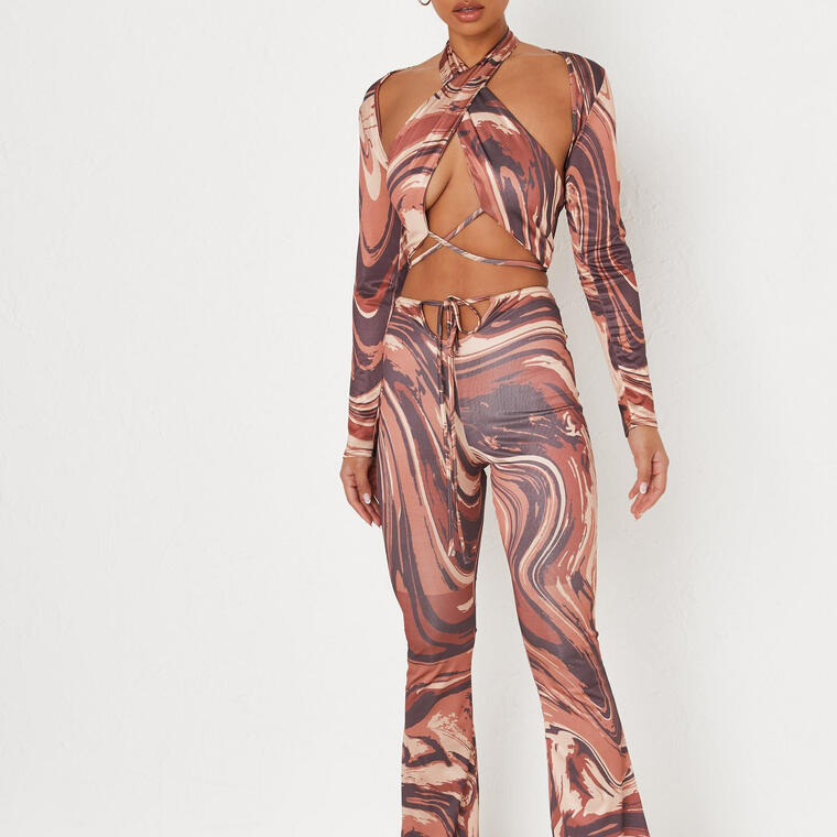 brown co ord marble print slinky tie front flared pants - Missguided
