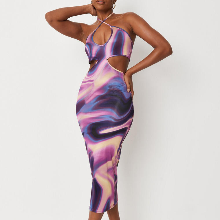 carli bybel x missguided purple marble print slinky cut out midi dress - Missguided
