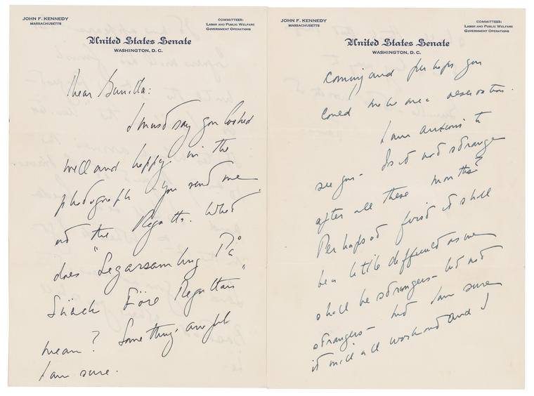 Una carta de amor que John F. Kennedy le escribió a una amante sueca unos años después de casarse con Jackie Onasis. 