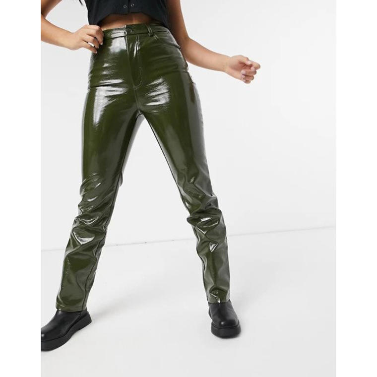 COLLUSION vinyl straight leg pants in olive green  - Asos