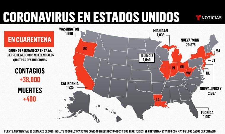 Mapa de Estados Unidos con los estados que han decretado cuarentenas y la cantidad de contagiados con coronavirus.