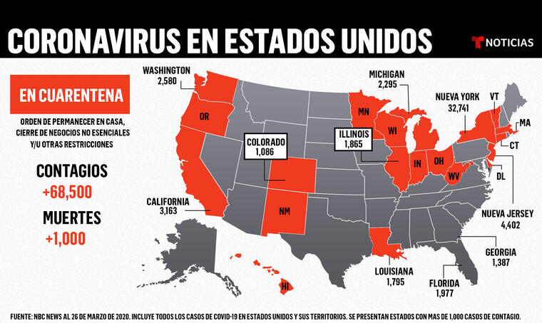 Mapa de Estados Unidos con las medidas de cuarentena y casos de contagiados por estado.