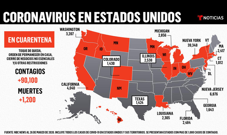 Mapa con los casos de contagiados con coronavirus y las medidas de restricción en Estados Unidos.