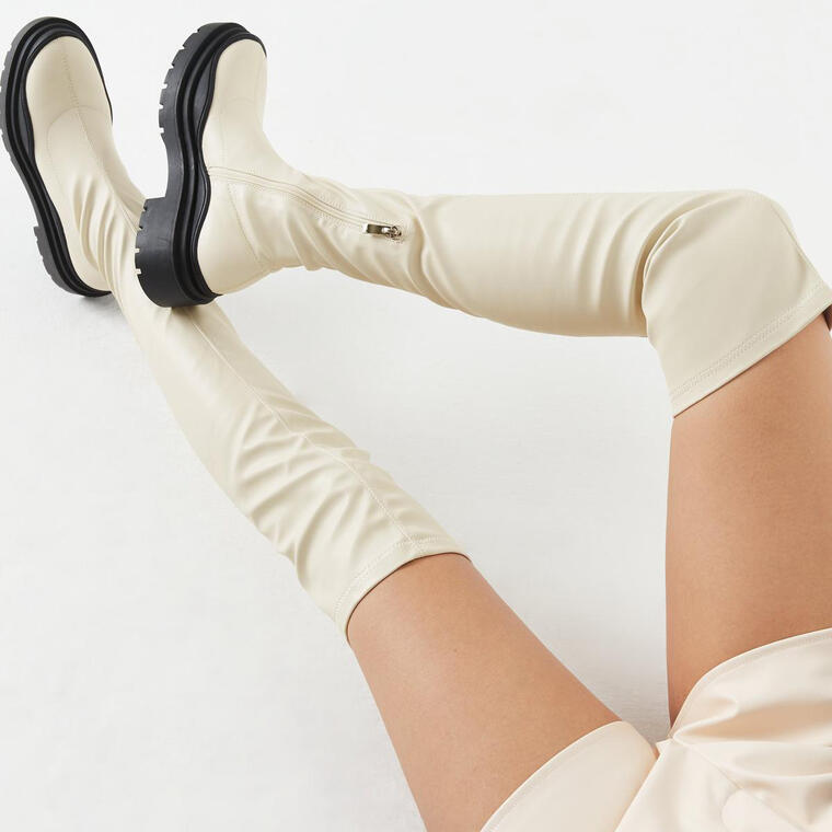 cream faux leather over the knee wave sole sock boots - Missguided