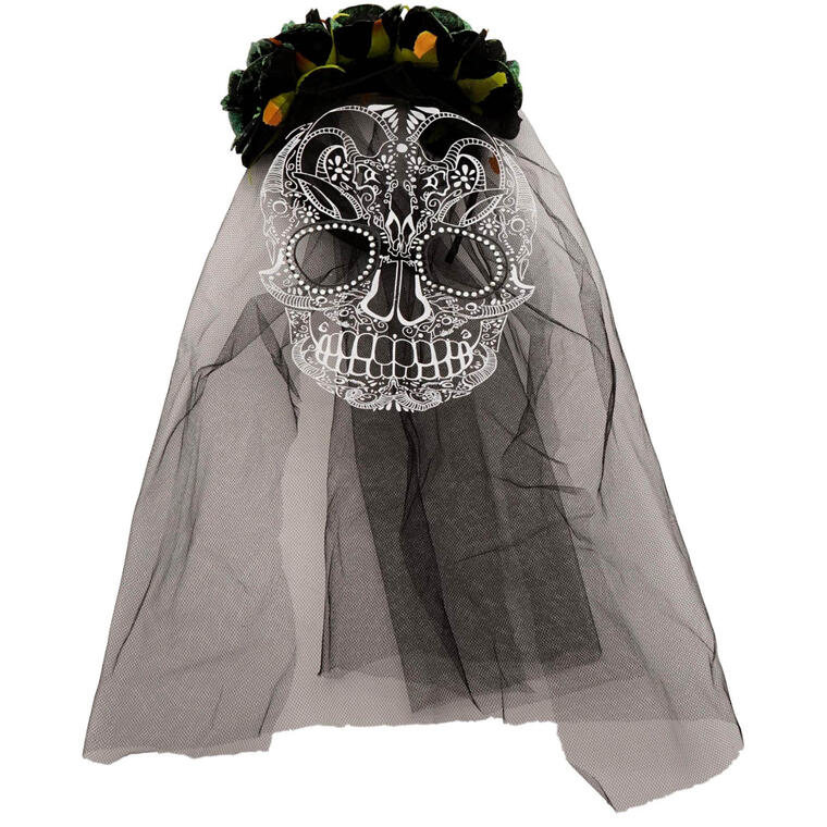 Day of The Dead Veil Calavera Sugar Skull Veil (Green Roses) 19 in Dia de Los Muertos Halloween Costume Accessory