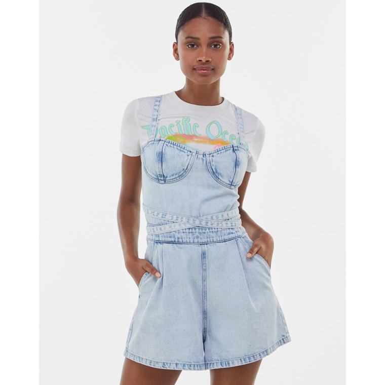 Denim overalls with crossover waistband at the back - Bershka
