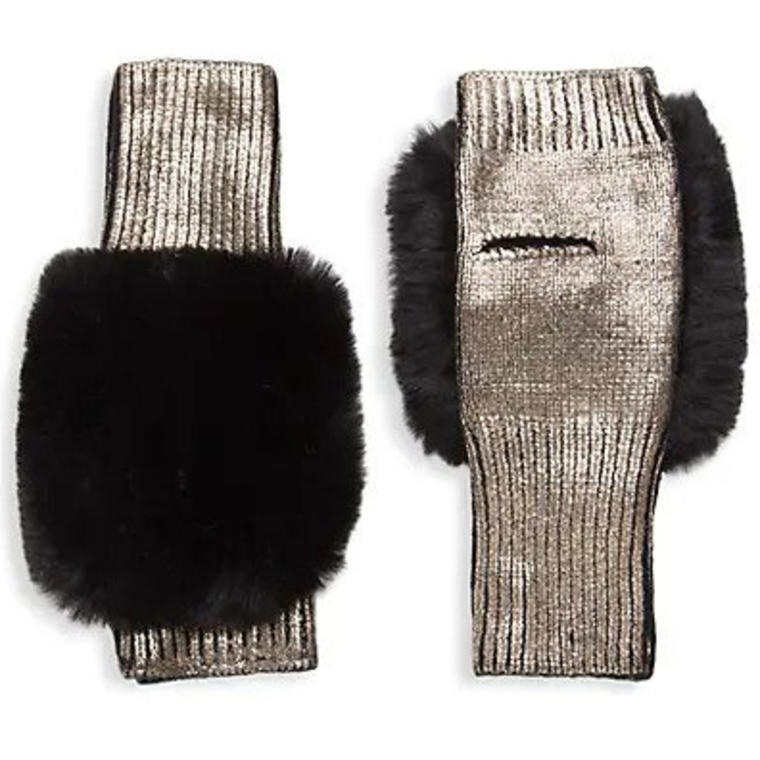 Faux Fur & Metallic Knit Fingerless Mittens- Saks