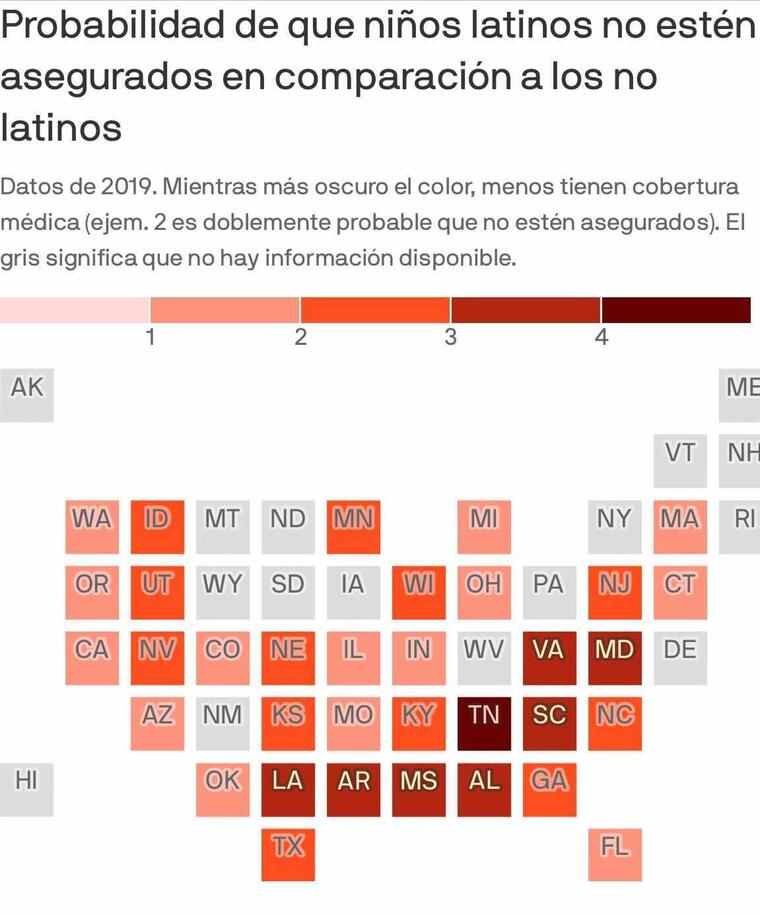 Gráfico que muestra la probabilidad de que niños latinos no tengan seguro en comparación a los no latinos, por estado