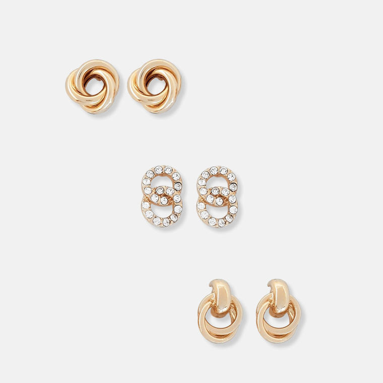 gold knotted stud earrings 3 pack - Missguided