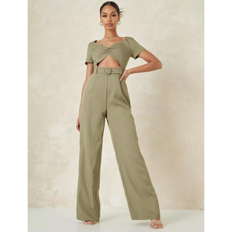 green cut out belted wide leg jumpsuit - Missguided