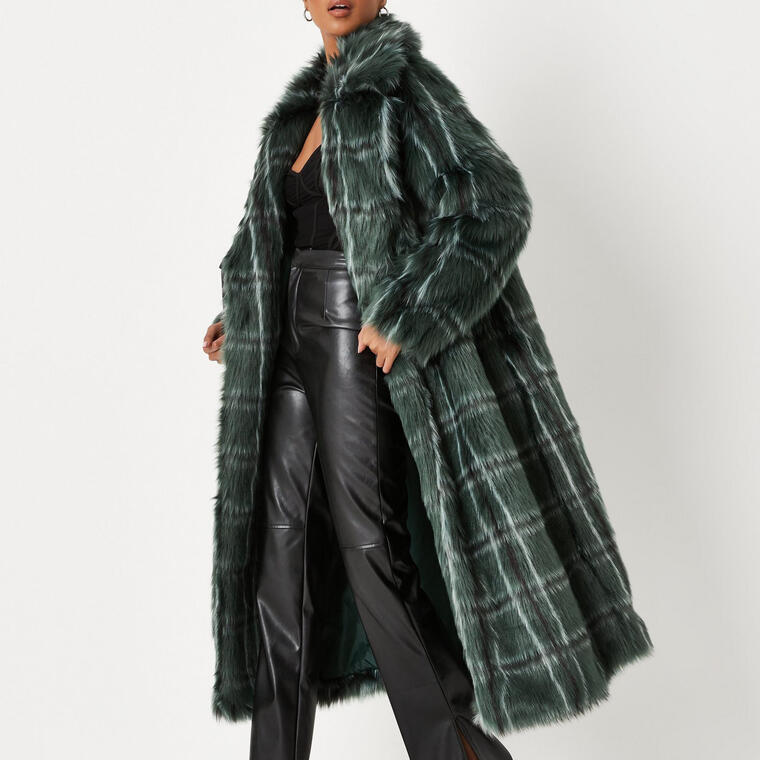 green faux fur plaid coat - Missguided