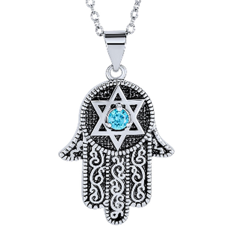 Hanukkah Judaic Magen Jewish Hamsa Hand Of God Star Of David Pendant Necklace Blue Cubic Zirconia CZ For Women Black Oxidized Silver Plated