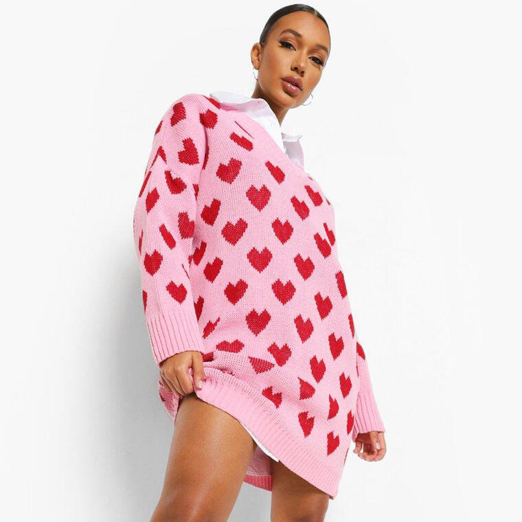 Heart Print Oversized Sweater Dress - Boohoo