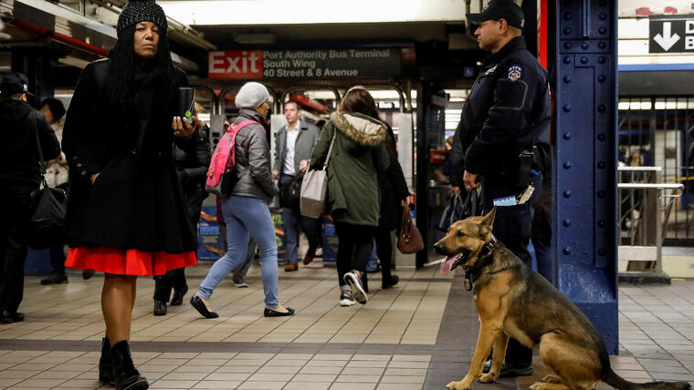 Un policía de Nueva York junto a un perro de la unidad canina vigilan un corredor del metro de la ciudad próximo al lugar en donde se produjo la detonación en plena hora punta este lunes 11 de diciembre de 2017. 