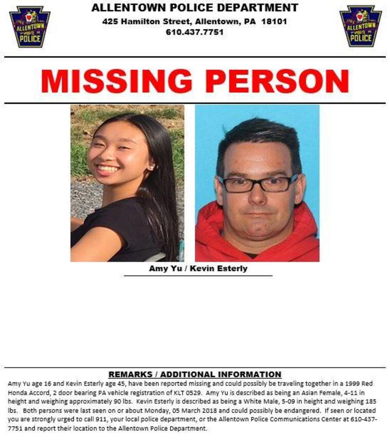 Cartel del departamento de policía de  Allentown publicado tras la desaparición de Amy Yu.     