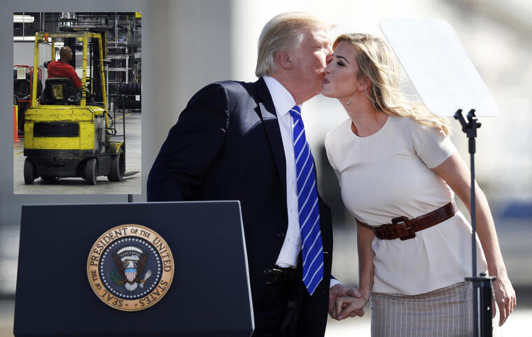 A la derecha, Trump besa a su hija, Ivanka, durante su visita a la refinería de Mandan. A la derecha, un tractor elevador como el usado por  Leingang.