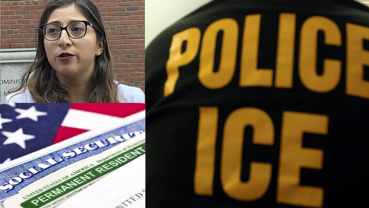 Lilian Calderón, en una imagen de archivo. Debajo, documentación estadounidense, y a la derecha una fotografía de archivo de un agente de ICE. 