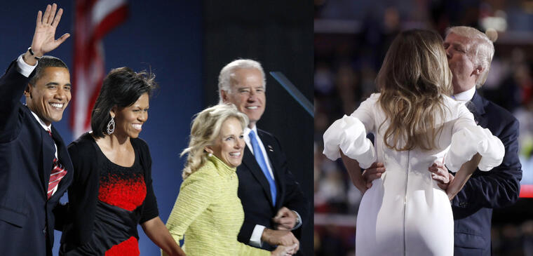 Imagenes de archivo de Barack Obama, Joe Biden y Donald Trump, con sus esposas (de izquierda a derecha). 