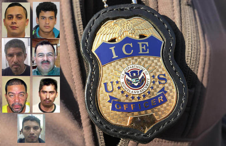 Imagen de una identificación de ICE.  A la izquierda, los siete fugitivos más buscados. 