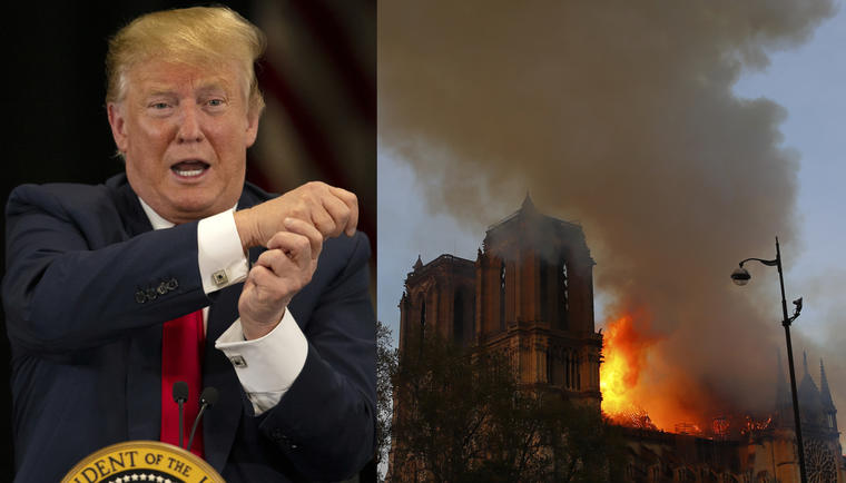 Trump, en un acto este lunes; a la derecha, el incendio en la catedral de Notre Dame de París. 